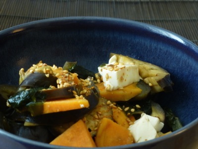 Aubergines, sweet potatoes, tofu and wakame with rice