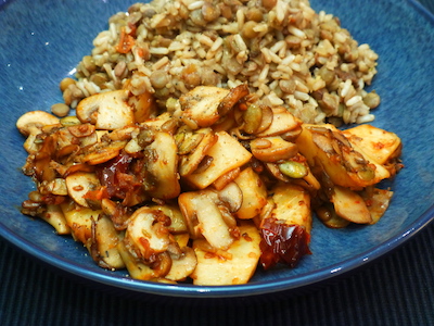 Celeriac and mushrooms with lentils and rice