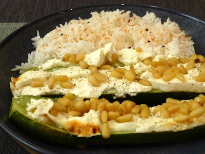 Courgettes with feta and pine kernels, served with basmati rice