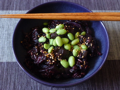 Japanese-style risotto of black rice, mixed mushrooms and aubergines