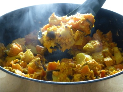 Mild root vegetable curry with paneer and rice