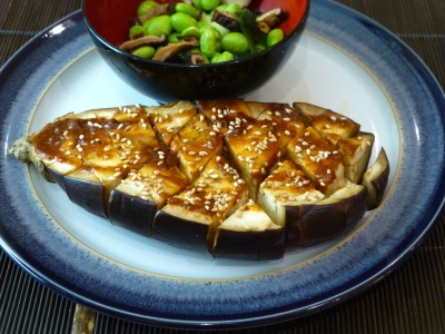 Miso-glazed aubergines with soy beans and rice