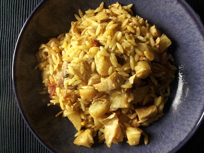 Orzo with celeriac, mixed mushrooms and tofu sticks