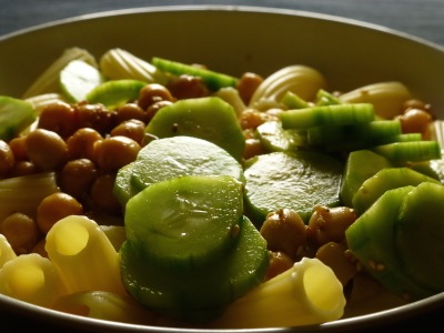 Rigatoni, chickpeas and cucumber with a miso dressing