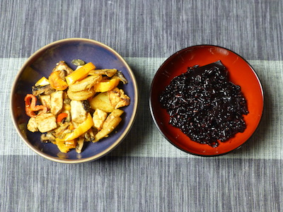 Peppers, tofu, potatoes and black rice